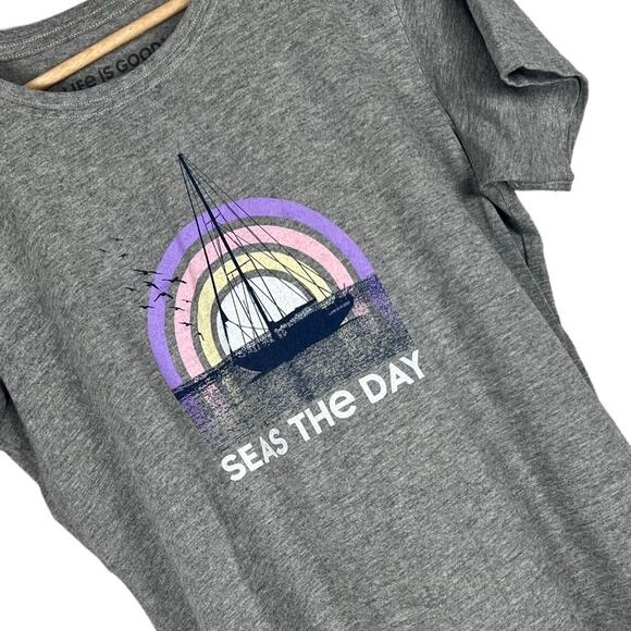 LIFE IS GOOD Women's S Gray Crusher Tee Seas The‎ Day Sailboat Nautical Graphic - Picture 1 of 7